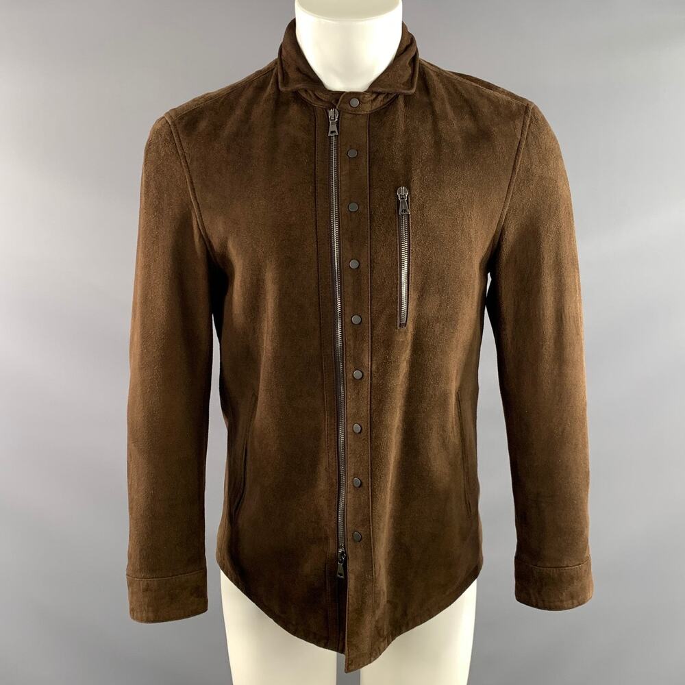 JOHN VARVATOS Size 38 Brown Textured Suede Zip & Snaps Jacket
